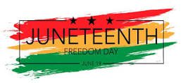 A red, yellow and green banner with the words juneteenth freedom day.