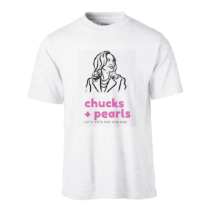 A white t-shirt with an illustration of a woman.