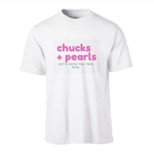A white t-shirt with the words chucks and pearls on it.