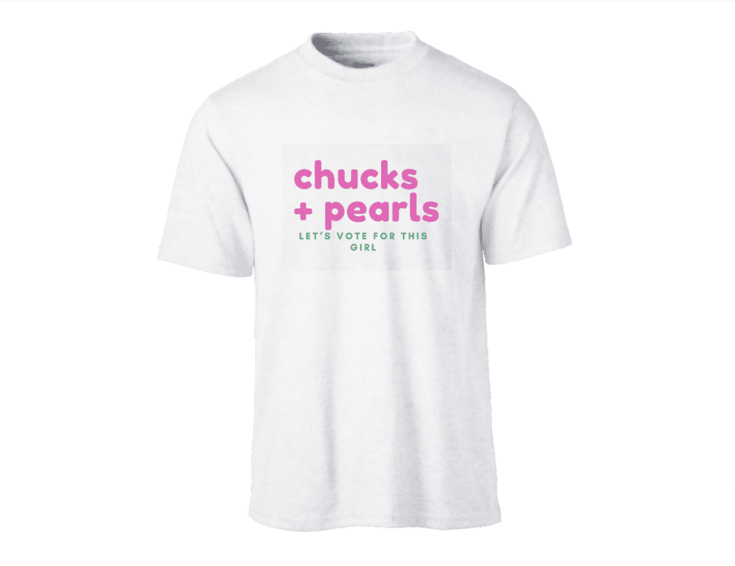 A white t-shirt with the words chucks and pearls on it.