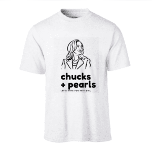 A white t-shirt with an image of a woman.