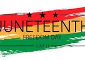 A red, yellow and green banner with the words juneteenth freedom day.